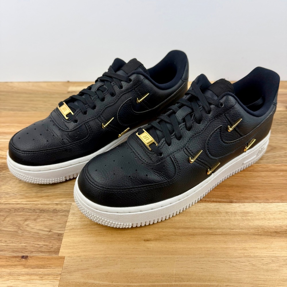 Nike Air Force 1 07 LX Womens Black Gold Swoosh Pins CT1990-001 Size 7